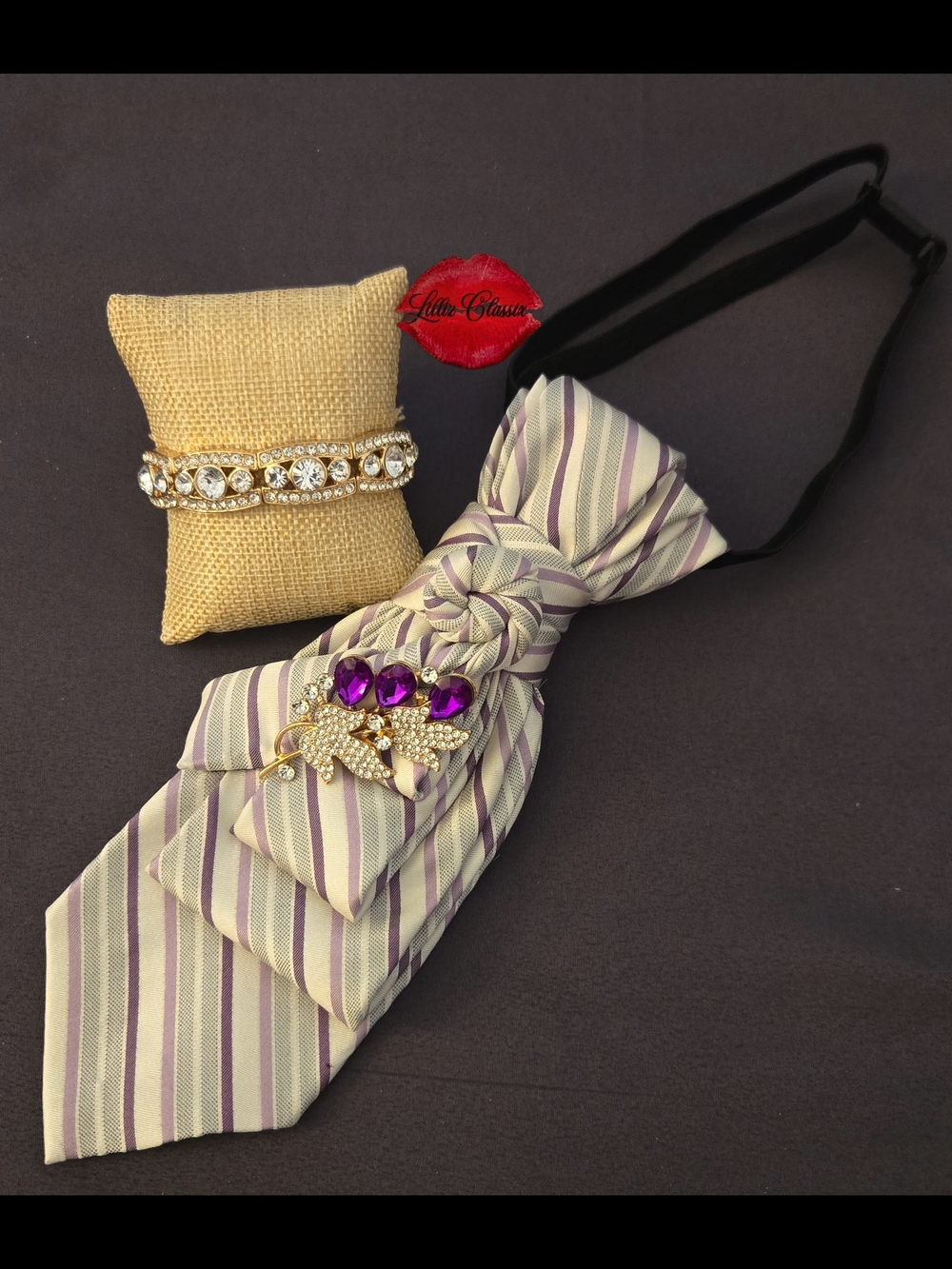 Lavender & Gray Striped Tie Neclace with Purple Jewel Accent